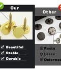 Knockout Brass Screw Covers And Decorative Gold Metal Caps That Straight Up Hide Ugly Fastener Holes On Wood Durable Decorative Nail Slugs With A Slick Brushed Look In A Tight 12 Piece Set comparison of polished brass caps and rusty ones