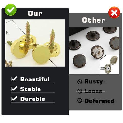 Knockout Brass Screw Covers And Decorative Gold Metal Caps That Straight Up Hide Ugly Fastener Holes On Wood Durable Decorative Nail Slugs With A Slick Brushed Look In A Tight 12 Piece Set comparison of polished brass caps and rusty ones