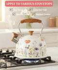 Stovetop Whistling Tea Kettle Two Point Seven Quart Floral Pattern Stainless Steel Tea Pot With Wood Pattern Handle