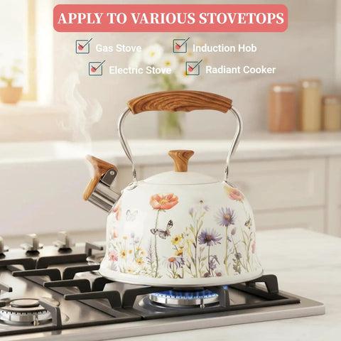 Stovetop Whistling Tea Kettle Two Point Seven Quart Floral Pattern Stainless Steel Tea Pot With Wood Pattern Handle