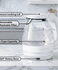 1.5 Liter Glass Electric Kettle With Blue Led Glow Rapid Boil Auto Shutoff with secure locking lid and 360° rotary base.