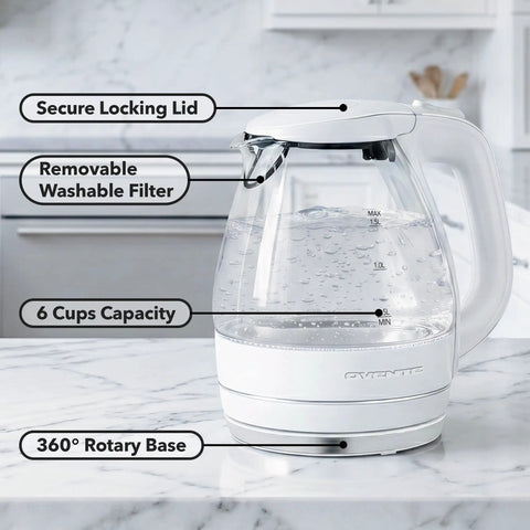 1.5 Liter Glass Electric Kettle With Blue Led Glow Rapid Boil Auto Shutoff with secure locking lid and 360° rotary base.