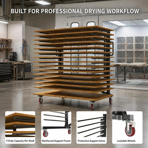 Built Tough 15 Tier Paint Drying Rack For Cabinet Doors And Wood Panels Heavy Duty Steel Rack displayed in a workshop setting.