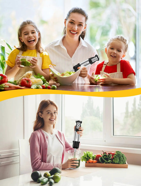 Woman and children using Six In One Immersion Blender With 1000W Motor And 12 Speed Settings Includes 600ml Beaker And 500ml Chopper