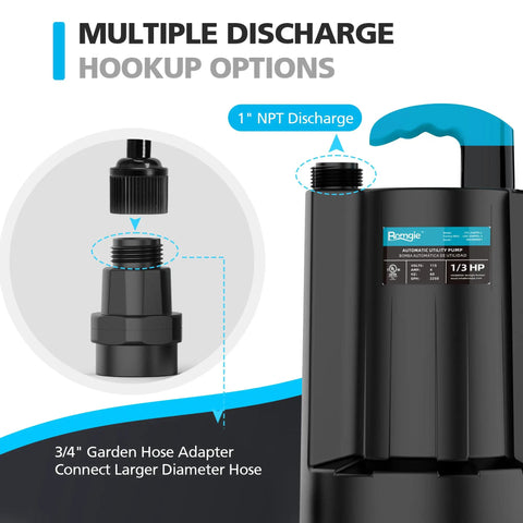 Image showing Automatic Submersible Water Pump 1/3 HP 2250 GPH with discharge hookup options and garden hose adapter.