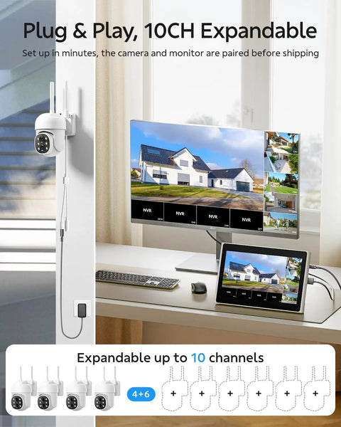 Wireless 4K Security Camera System With Monitor, 10X Zoom Dual Lens Outdoor Indoor Surveillance Kit With Night Vision