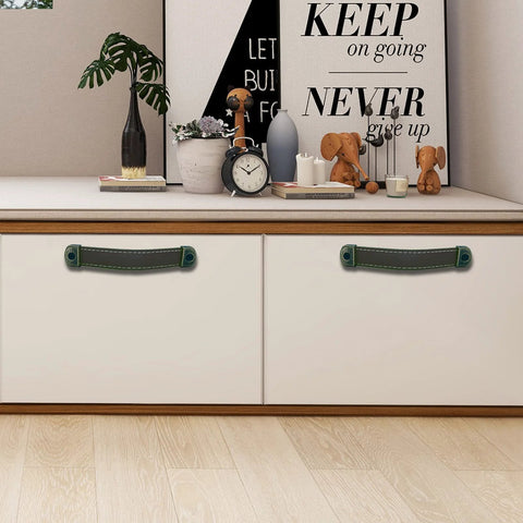 Leather Suitcase Luggage Pull Handles 2 Piece Set installed on drawers with decorative black brown finish in modern room