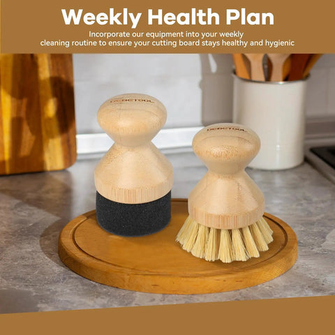 Top Tier Cutting Board Care Set Featuring Hella Sturdy Sisal Scrub Brush And Smooth Wood Oil Applicator For Kitchen Hardwood Conditioning And No Sweat Weekly Cleaning Routines. Bamboo scrub brushes on wooden cutting board.