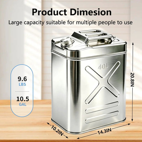 Ten Point Five Gallon Stainless Steel Water Jug For Camping And Overlanding With Point Eight Millimeter Wall Thickness Rugged Portable Water Container Includes Flexible Hose Gloves And Sealing Rings Emergency Ready, stainless jug dimensions