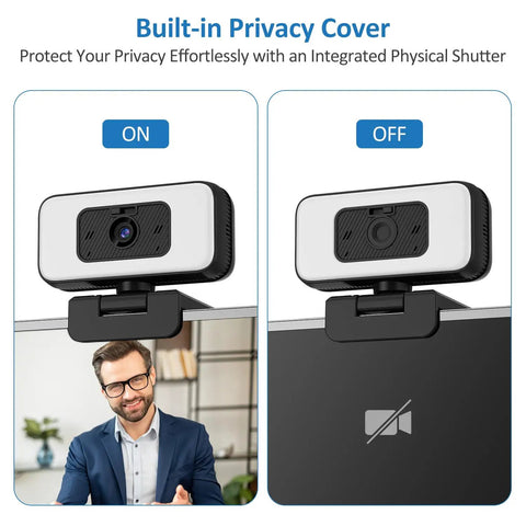 2K Webcam With Built In Ring Light Ultra HD Web Camera For Desktop Computers With Privacy Cover On and Off