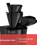 On The Go Personal Coffee Maker Brews 15 Ounces Directly Into A Stainless Steel Travel Mug with open dishwasher-safe brew basket