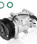 Heavy Duty Ac Compressor With Clutch For 3.6L Pentastar Engine, metal design, includes green o-rings for installation.