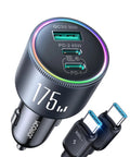 GaN 175W 3 Port Car Charger With USB C PD And QC Fast Charge 100W PD Laptop Port 45W PD Phone Port 30W USB A view