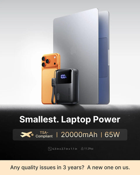 Ultra Compact Wallet Sized Laptop Power Bank Featuring Hella Fast 65W Triple Port Charging And Massive 20000mAh Built In Battery