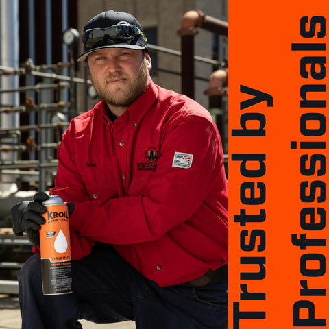 Man holding can of Kroil penetrant oil with text 'Trusted by Professionals' in industrial setting.