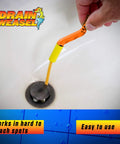 Hand using 18 Inch Flexible Drain Snake Hair Clog Remover Tool Kit For Sink Shower Bathtub, No Fuss Unclog in white sink.