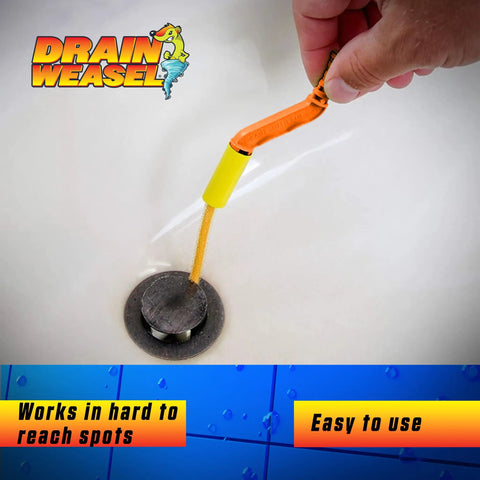 Hand using 18 Inch Flexible Drain Snake Hair Clog Remover Tool Kit For Sink Shower Bathtub, No Fuss Unclog in white sink.