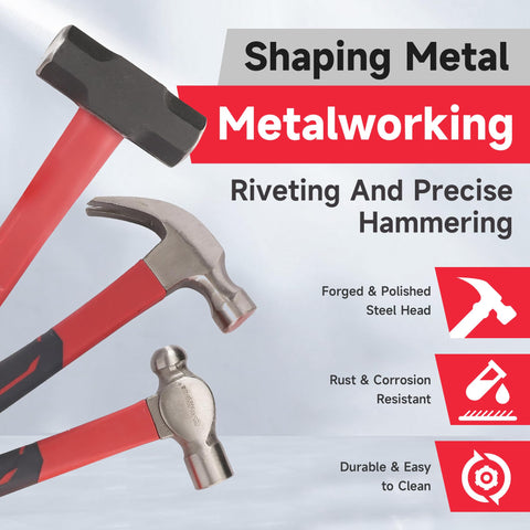 Six-Piece Rubber Mallet Hammer Set With Dead-Blow, Sledge, Stoning, Ball Peen And Claw displayed for metalworking.