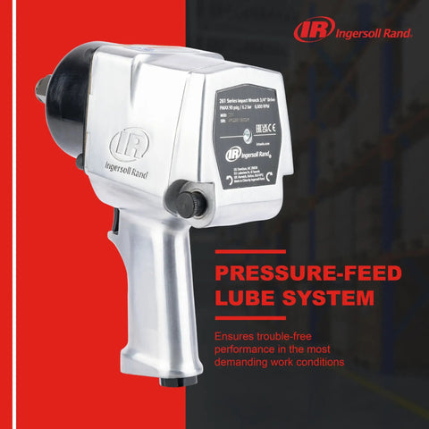 Badass 3/4 Inch Drive Air Impact Wrench delivering straight up 1100 Ft lbs max torque, showing pressure-feed lube system details.