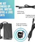 Beefy 29V 2A Dual Motor Power Supply Kit with extra-long power cord, Y splitter, and 2 pin connection for recliners and lift chairs.