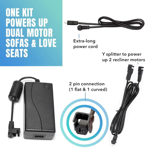 Beefy 29V 2A Dual Motor Power Supply Kit with extra-long power cord, Y splitter, and 2 pin connection for recliners and lift chairs.