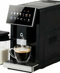 Heavy Duty Espresso Coffee Maker With Adjustable Grinder And Automatic Milk Frother, Featuring A Removable Brewer, Detachable Milk Cup, Triple Flavor Settings, And Sleek Black Finish For Game Changing Morning Sips with sleek design and steaming coffee.