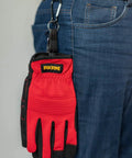 Three Pack High Dexterity Work Gloves For Men With Touchscreen Compatibility hanging on jeans, red color.