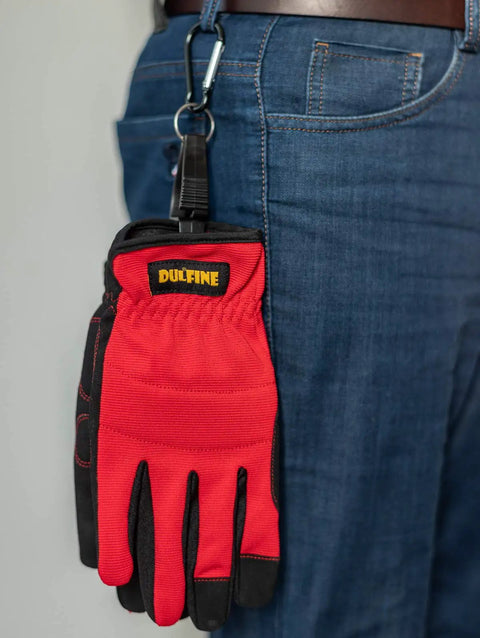 Three Pack High Dexterity Work Gloves For Men With Touchscreen Compatibility hanging on jeans, red color.