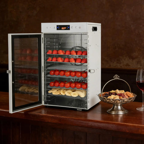 Heavy Duty Electric Food Dehydrator With 18 Spacious Stainless Steel Trays And Precision Adjustable Thermostat displayed with strawberries and tomatoes.