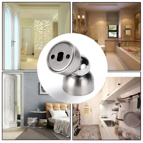 Heavy Duty Magnetic Door Stops For Interior Doors Anti Swing Holder With Rock Solid Magnets Stainless Steel Mini Doorstopper shown in various rooms.