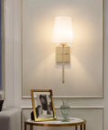 Wireless Battery Operated Wall Sconce Set Of Two With White Fabric Shade Remote Control No Wiring Dimmable Indoor Bedroom Vanity Lighting Bulbs Included Easy Setup Modern Slim Design, shown installed on a living room wall.