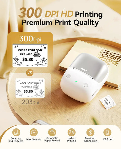 B2 Pro Label Maker With Bluetooth, 300 DPI Sticker Printer on wooden table, compact design for photos and labels.
