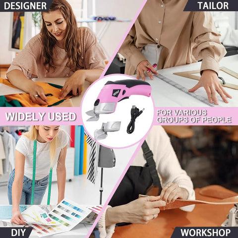 3.7V Cordless Electric Scissors Fast Cutting Fabric Cutter For Carpets Cardboard Leather With Dual Blades And Charging Cable Perfect DIY Sewing Tool Lightweight Handheld Design Easy To Use Powerhouse Pink in a workshop setting with various users.