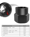 Boss 13-Piece Bolt Extractor Set For Stripped Nuts And Bolts showing 3/8-Inch Square Drive and depth chart details