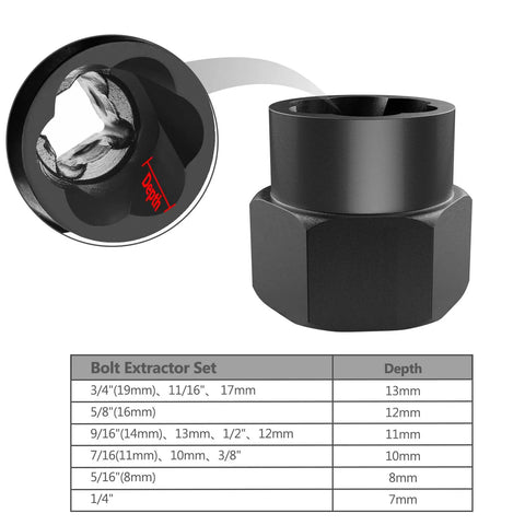 Boss 13-Piece Bolt Extractor Set For Stripped Nuts And Bolts showing 3/8-Inch Square Drive and depth chart details