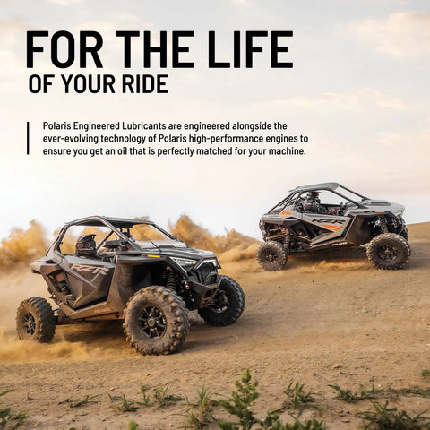 Two ATVs on rough terrain showcasing Demand Drive Fluid For Front Gearcase One Quart All Terrain Formula With Custom Additives