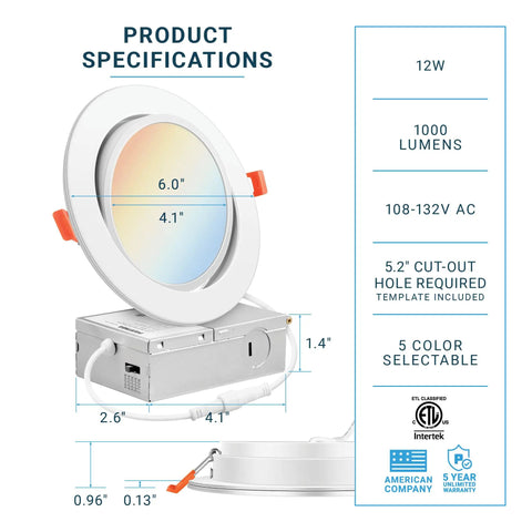 Sleek Dope 6 Inch LED Recessed Lights With J Box Gimbal Eyeball Canless Panel product specifications display.