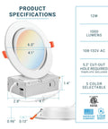 Ultra Thin 6 Inch LED Recessed Gimbal Lights With J Box No Fuss Install 12W Dimmable 5 Color Temp Switchable From 2700K To 5000K Eyeball Canless Slim Panel Lighting IC ETL Listed showing specifications diagram