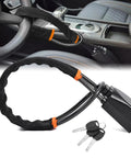 Universal Seventeen Inch Steering Wheel And Seat Belt Lock For Vehicles SUVs And Golf Carts Compact Lightweight Anti Theft Device With Hardened Boron Steel Construction And Multi Function Keys showcased on car interior
