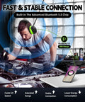 Person wearing Bluetooth Hearing Protection With 25dB NRR And 1500mAh Rechargeable Battery, next to car, phone showing Bluetooth 5.0 connection.