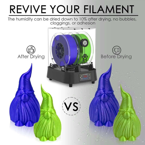 Filament Dryer And Dry Box For 3D Printers With Fan keeps filament dry while printing, comparison of figures before and after drying.