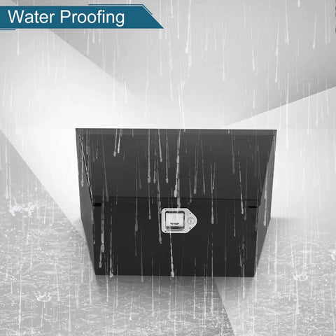 Heavy Duty 36 Inch Black Steel Trailer Tongue Tool Box With Overhang Lip And Solid Lock Featuring Fold Up Door Design under rain