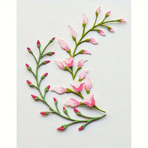 Close-up of 3 Piece Flower Leaf Branches Metal Die Cuts for DIY embossing, card making, photo cards, and paper crafting.