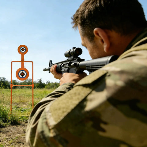 Shooter aiming at Double Spinner Auto Reset Steel Target For Handguns Up To.44 Magnum With 3.5 Inch And 4.5 Inch Targets