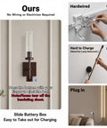 Kwinmyso Wireless 3CCT Wall Sconce Battery Operated Dimmable Wall Light showing easy battery box access for charging.