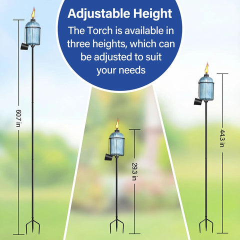 4 Pack Glass Garden Torch Set With 13.5 Oz Citronella Oil, 61 Inch Adjustable Blue Outdoor Torches heights and 3 prong stake