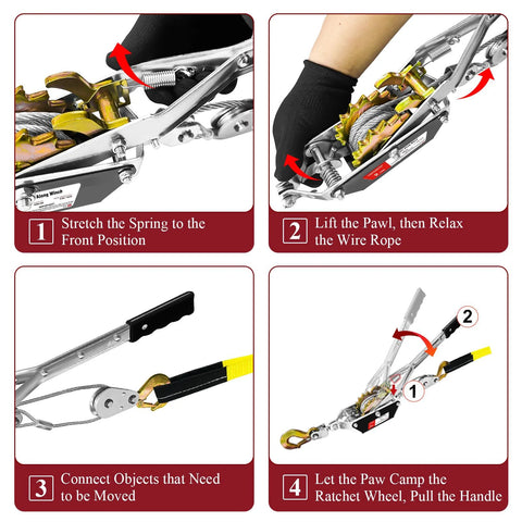 Instructions for using 2 Ton 4480 Lbs Come Along Winch With 7 Foot Steel Cable Dual Gear Ratchet Power Puller With Two Hooks