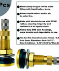 Tubeless Tire Valve Stems For Tractors And Industrial Agricultural Wheels Clamp In Liquid Ballast Valve Stems Pack Of 2 Brass With EPDM Rubber Rust Free Performance And Easy Fill On Tubeless Tires, showing two brass valve stems with text detailing features.