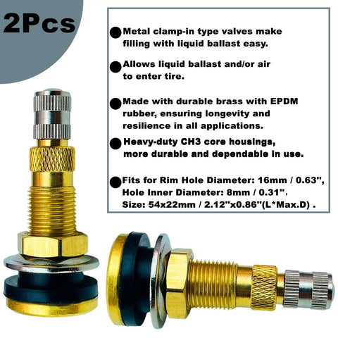 Tubeless Tire Valve Stems For Tractors And Industrial Agricultural Wheels Clamp In Liquid Ballast Valve Stems Pack Of 2 Brass With EPDM Rubber Rust Free Performance And Easy Fill On Tubeless Tires, showing two brass valve stems with text detailing features.