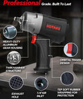 Pro Grade 1/2 Inch Air Impact Wrench 1245 Ft Lbs Max Torque Twin Hammer Design showcasing heavy-duty aluminum gear housing and orbital trigger.